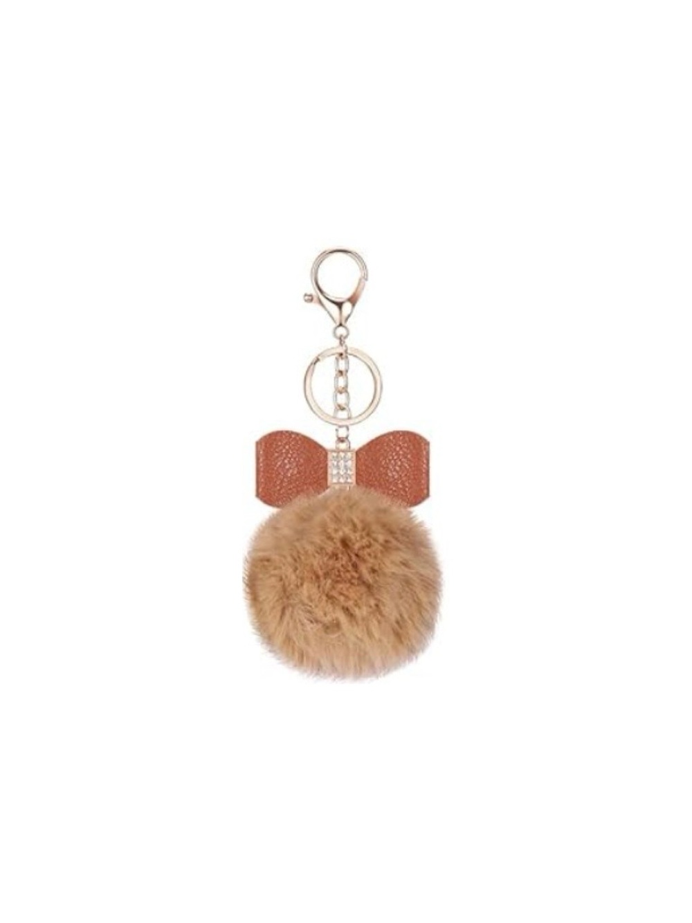 Faux Fur Pom Pom Keychain with Bow - Tan